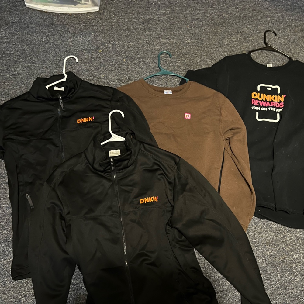 1 small old style dunkin brown hoodie, 1small zip up,1 large zip up and lg shirt